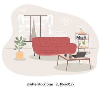 Comfortable and home red couch in room