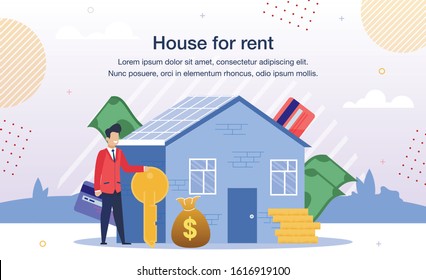 Comfortable Home for Rent Offer Trendy Flat Vector Advertising Banner, Promo Poster Template. Businessman, Realtor, Real Estate Agency Agent Standing with Key and Money near Cottage House Illustration