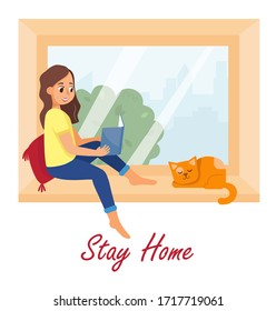 Comfortable home rest at quarantine, vector illustrations. Young woman sitting on windowsill and read book.