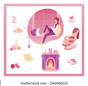 Comfortable home rest vector illustrations set. Young woman sitting on windowsill cartoon character. Cozy winter atmosphere accessories. Fireplace, hot chocolate, rocking chair and warm clothes