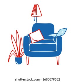 Comfortable home seat chair with a houseplant, laptop and a floor lamp. Home office for quarantine. Vector illustration doodles, thin line art sketch style concept