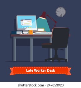 Comfortable Home Workplace With Turned On Desktop On The Desk, Wheelchair, Lamp And Some Books. Working Late At Night. Flat Style Illustration Or Icon. EPS 10 Vector.