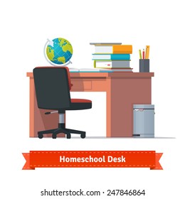 Comfortable homeschooling workplace with the desk, wheelchair and a trashcan. Lots of books, tablet and terrestrial globe on the table. Flat style illustration or icon. EPS 10 vector.