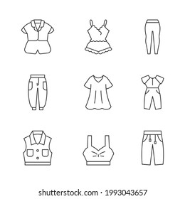Cómodos iconos lineales de ropa de casa. Ropa de seda. Piernas, trotamundos. Denim chaqueta. Vestido sobredimensionado. Símbolos de contorno de línea delgada personalizables. Ilustraciones aisladas del contorno vectorial. Trazo editable