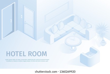 Comfortable Hotel Room Modern Interior Vector Isometric Illustration. Contemporary Luxury Apartment with Sofa Render Resort Vacation Business Trip Tourism Booking Online Service Website