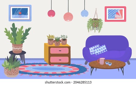 Comfortable house apartment room place, cozy home plants relax cabinet with wooden table flat vector illustration, soft couch and floor carpet.
