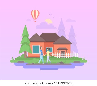 Comfortable house - modern flat design style vector illustration on purple background. A composition with couple holding hands before a small low-storey building, trees, hot air balloon, clouds, sun