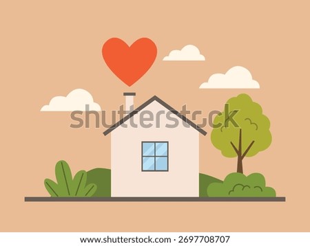 Comfortable house with trees, plant and heart icon, family day concept