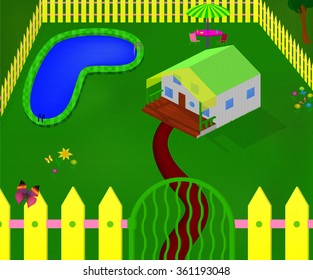 Comfortable House in Yard with Pool. 3D Vector Cartoon illustration. 