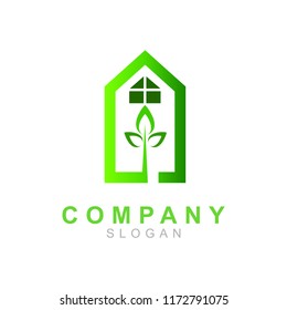 comfortable housing logo, leaf and building icon, tree symbol