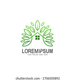 Logotipo de alojamiento cómodo, icono de hoja y edificio, símbolo de árbol