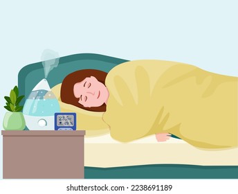 For comfortable humidity in the house, the girl uses a hygrometer and a humidifier in the bedroom.Vector illustration. 