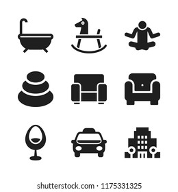comfortable icon. 9 comfortable vector icons set. bath, rocking chair and relax icons for web and design about comfortable theme