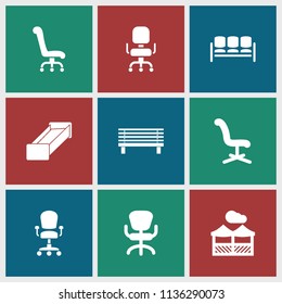 Comfortable icon. collection of 9 comfortable filled icons such as office chair, pergola, garden bench, sofa. editable comfortable icons for web and mobile.
