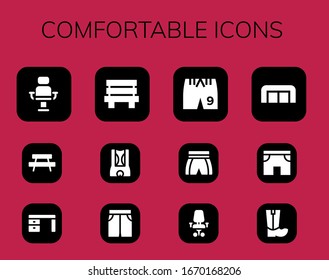 comfortable icon set. 12 filled comfortable icons. Included Armchair, Bench, Desk, Shorts, Short, Desk chair, Sofa, Boots icons