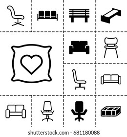 Comfortable icon. set of 13 filled and outline comfortable icons such as garden bench, sofa, bench, office chair, pillow with heart on it