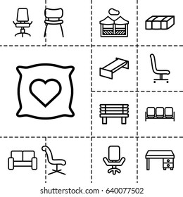 Comfortable icon. set of 13 outline comfortableicons such as sofa, garden bench, pillow with heart on it, office chair, office desk, bench, chair