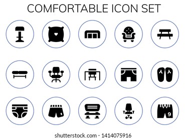 comfortable icon set. 15 filled comfortable icons.  Collection Of - Stool, Bench, Pillow, Desk chair, Sofa, Desk, Armchair, Shorts, Slippers, Diaper
