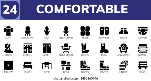 comfortable icon set. 24 filled comfortable icons.  Simple modern icons about  - Sofa, Desk chair, Silk, Mozy, Slippers, Boots, Diaper, Shorts, Short, Boot, Armchair, Blanket