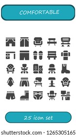  comfortable icon set. 25 filled comfortable icons. Simple modern icons about  - Shorts, Short, Armchair, Bench, Desk, Slippers, Sofa, Office chair, Fabric, Desk chair, Boot, Silk