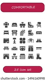 comfortable icon set. 25 filled comfortable icons.  Collection Of - Sofa, Single bed, Desk, Boots, Desk chair, Bench, Fabric, Shorts, Stool, Mozy, Diapers, Short, Blanket, Boot