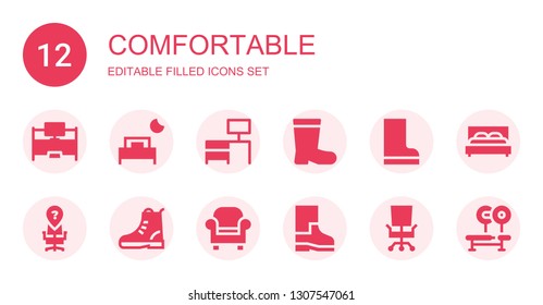 comfortable icon set. Collection of 12 filled comfortable icons included Desk, Bed, Boots, Desk chair, Boot, Armchair, Bench