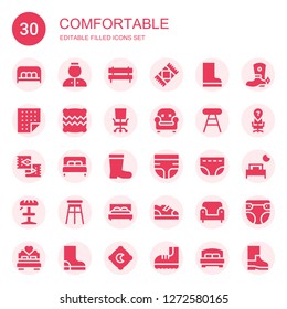 comfortable icon set. Collection of 30 filled comfortable icons included Bench, Bellhop, Rug, Boots, Fabric, Pillow, Desk chair, Armchair, Stool, Bed, Diaper, Boot