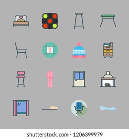 comfortable icon set. vector set about slipper, fireplace, chair and text icons set.