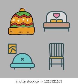 comfortable icon set. vector set about bed, winter hat, livingroom and chair icons set.