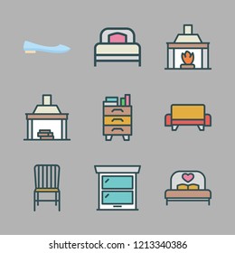 comfortable icon set. vector set about nightstand, fireplace, ballet flats and chair icons set.