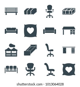 Comfortable icons. set of 16 editable filled comfortable icons such as garden bench, sofa, pillow with heart on it, office chair, office desk, pergola