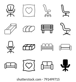 Comfortable icons. set of 16 editable outline comfortable icons such as office chair, garden bench, sofa, pillow with heart on it