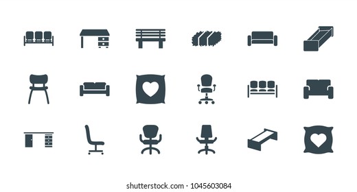 Comfortable icons. set of 18 editable filled comfortable icons: garden bench, sofa, pillow with heart on it, office desk, office chair, bench