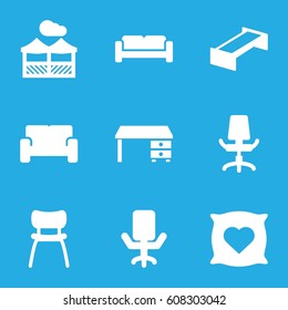 Comfortable icons set. set of 9 comfortable filled icons such as garden bench, sofa, pillow with heart on it, office desk, office chair, chair