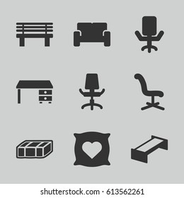 Comfortable icons set. set of 9 comfortable filled icons such as garden bench, pillow with heart on it, office chair, office desk, bench
