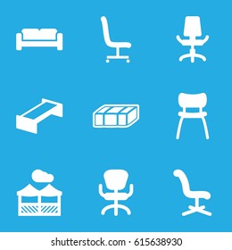 Comfortable icons set. set of 9 comfortable filled icons such as garden bench, sofa, office chair, chair