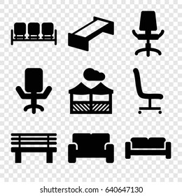 Comfortable icons set. set of 9 comfortable filled icons such as garden bench, sofa, bench, office chair