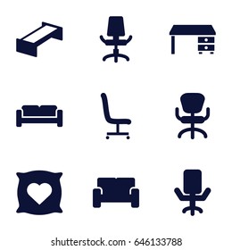 Comfortable icons set. set of 9 comfortable filled icons such as garden bench, sofa, pillow with heart on it, office desk