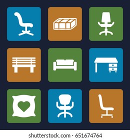 Comfortable icons set. set of 9 comfortable filled icons such as garden bench, sofa, pillow with heart on it, office chair, office desk