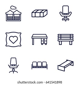 Comfortable icons set. set of 9 comfortable outline icons such as sofa, garden bench, pillow with heart on it, office desk, bench, office chair