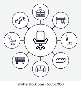 Comfortable icons set. set of 9 comfortable outline icons such as garden bench, office chair, office desk, bench, sofa