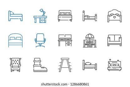 comfortable icons set. Collection of comfortable with bed, stool, boots, armchair, sofa, chair and table, desk, desk chair. Editable and scalable comfortable icons.