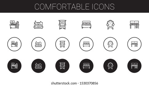 comfortable icons set. Collection of comfortable with desk, bed, armchair. Editable and scalable comfortable icons.