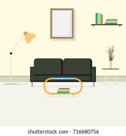 The comfortable interior living room, room for reception of guest. sofa and adjustable standard lamp. Decoration and furniture. Flat style.