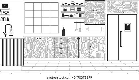 Cómoda cocina con muebles minimalistas en blanco y negro ilustración de línea. Lugar de cocina de alimentos en el hogar 2D interior de fondo monocromo. Escena de estilo de vida doméstico Imagen de Vector