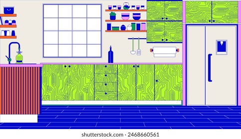 Comfortable kitchen with minimalist furniture cartoon flat illustration. Food cooking place at home 2D line interior colorful background. Domestic lifestyle scene vector storytelling image