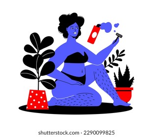 Comfortable leg shave - colorful flat design style illustration with linear elements. Red and blue composition with girl holding safety razor in hands sitting on bathroom floor, taking care of skin