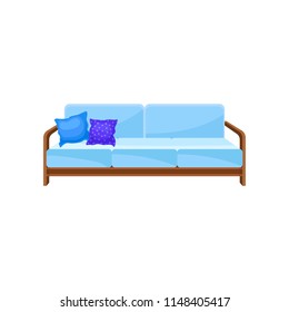 Comfortable light blue sofa with pillows, living room furniture, interior design element vector Illustration on a white background
