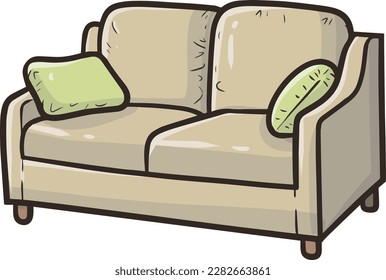 Cómodo sofá grande de color marrón claro con ilustración de dibujos animados de almohadas verdes