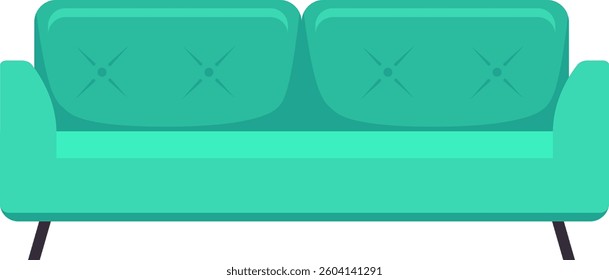 Comfortable light green sofa with black legs and two cushions is standing in an empty room, representing relaxation, comfort, and interior design
